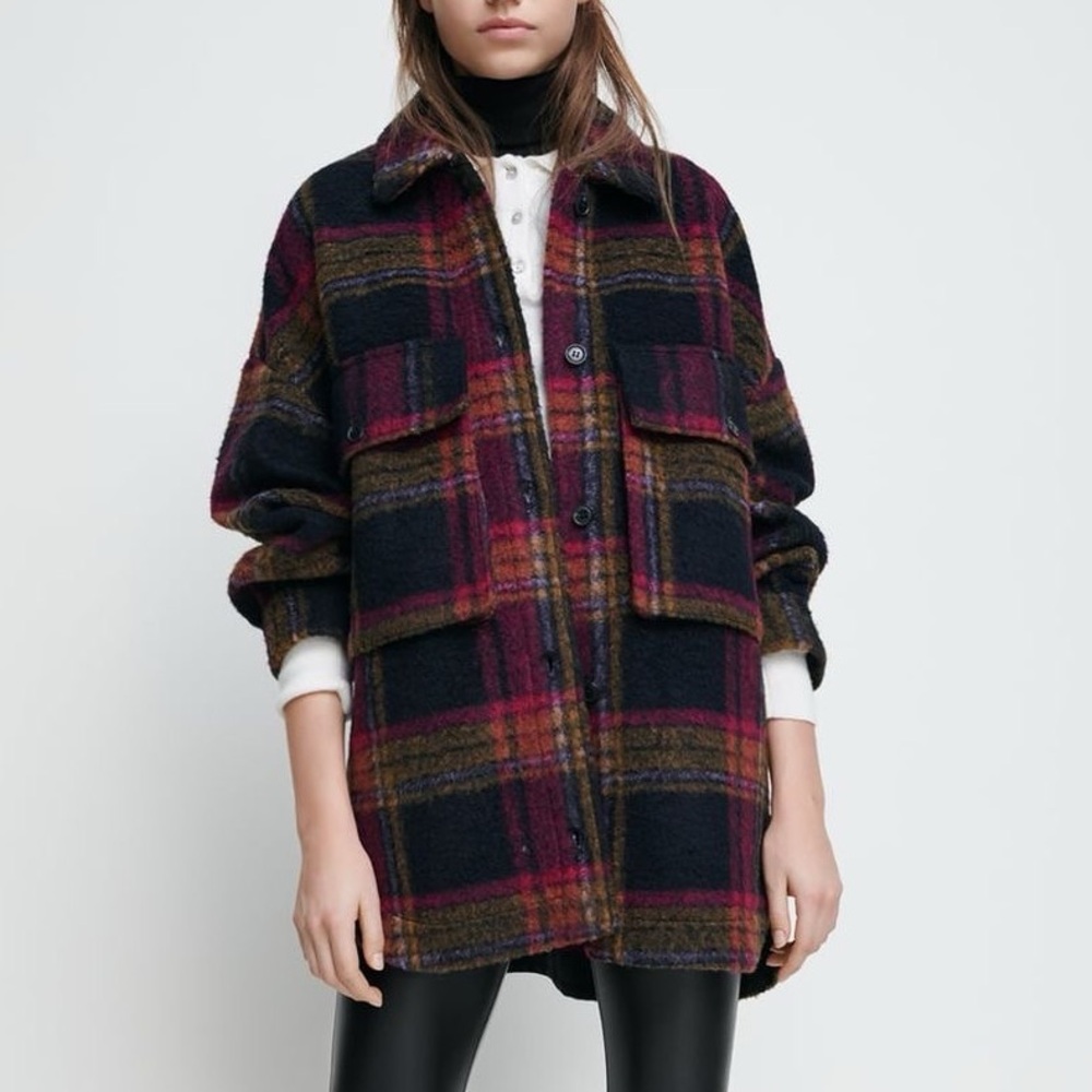 Multicoloured Plaid Pink & Black Wool Blend Casual Shacket / Jacket SZ S/M